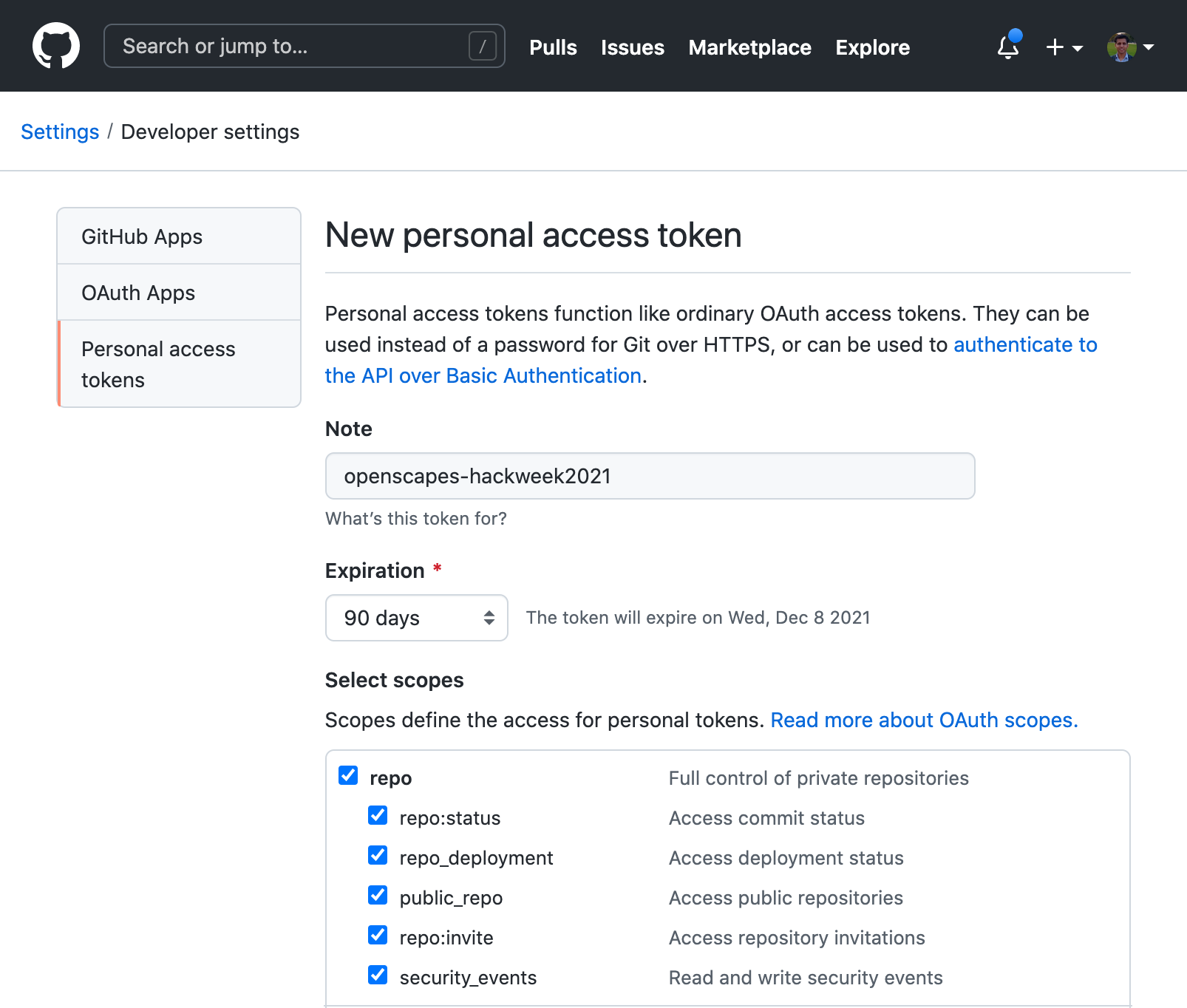 Generate Personal Access Token on github.com