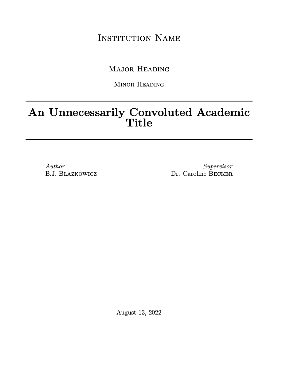 Screenshot of academic-static title page. Page has institution name centered at top with the title centered between two horizontal lines. The two authors are on the same level on left and right.