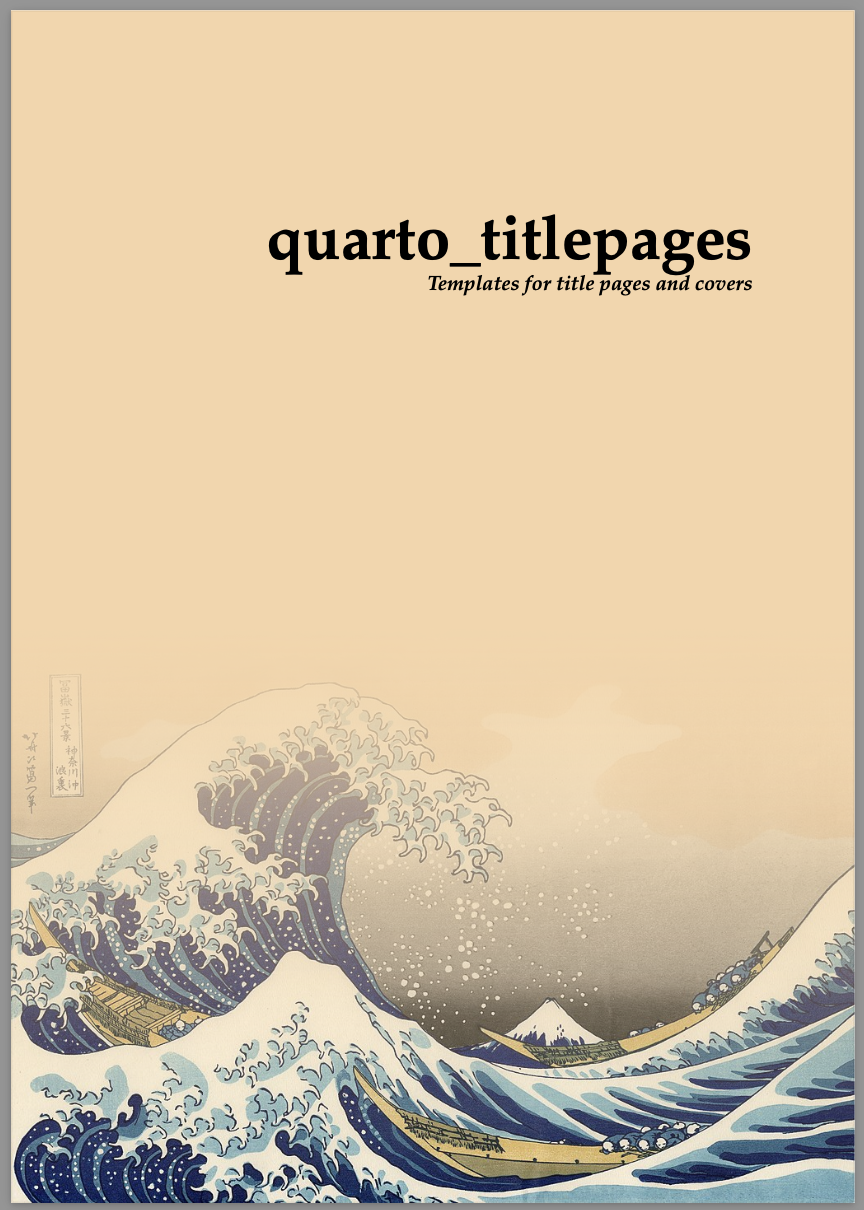 Screenshot of great-wave title page. This template has a cover page with a great wave image. Title page has a vertical line on the left with title, subtitle, authors and affiliations on the right. There is a logo towards the bottom.