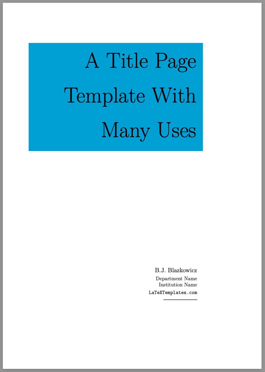 Screenshot of multi-purpose-static title page. Title has a cyan filled box around it. Author name is in bottom right corner.